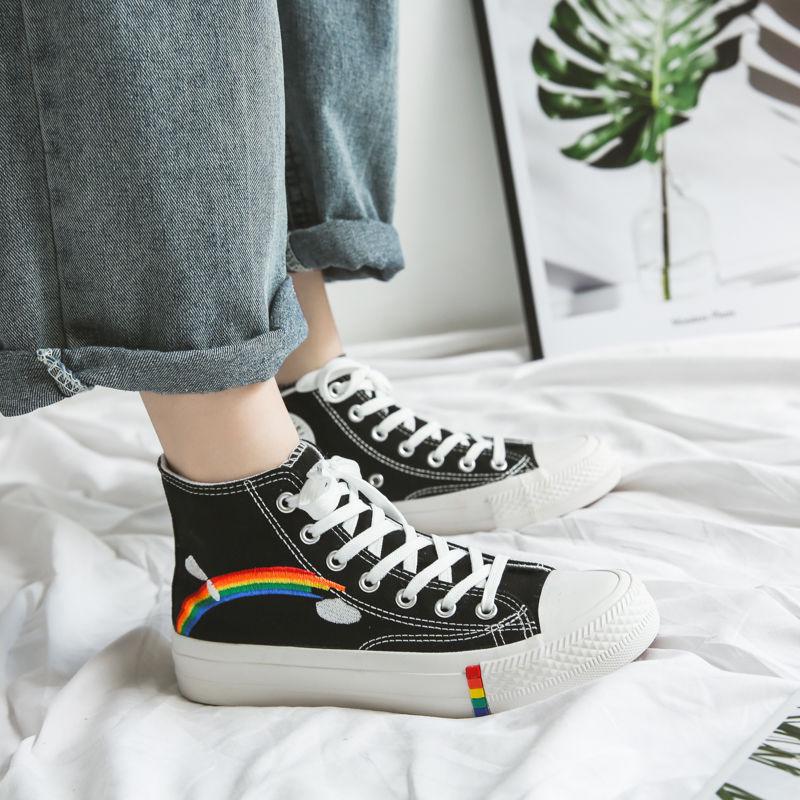 Rainbow high-top canvas shoes students breathable all-match college wind shoes ins casual shoes