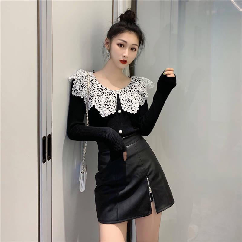 Pofulove Girly Lace V Neck Base Knitwear Skin-friendly High Elastic Fit Women Pullover Sweater