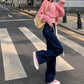 Retro Lace Jeans Women Autumn and Winter Loose High Waist Display Thin Straight Design