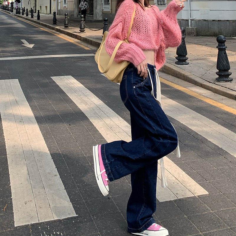 Retro Lace Jeans Women Autumn and Winter Loose High Waist Display Thin Straight Design