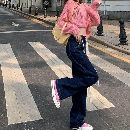 Retro Lace Jeans Women Autumn and Winter Loose High Waist Display Thin Straight Design