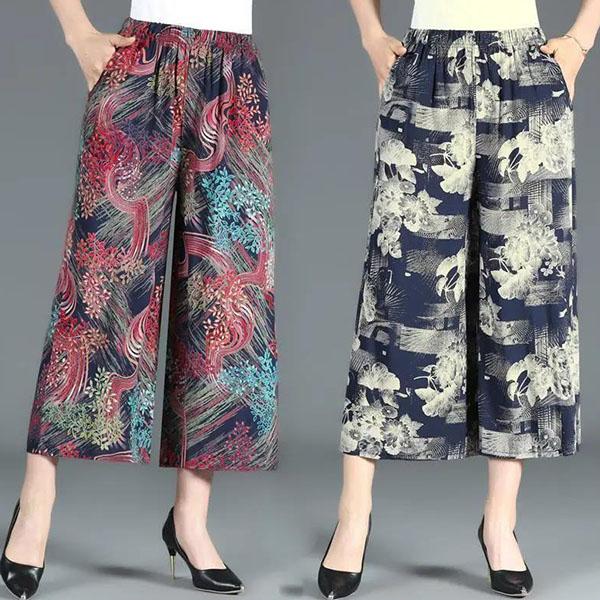 XL-4XL Spring High Waist Wide Leg Pants Summer Loose Large Size Thin Culottes Elastic Waist Printed Cropped Pants