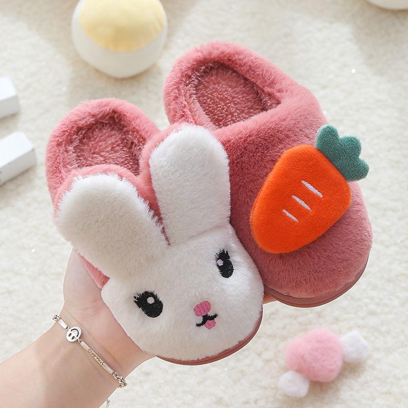 Autumn and Winter Children's Cotton Slippers Indoor Warmth Flat-bottomed Cotton Shoes Rabbit and Radish Design