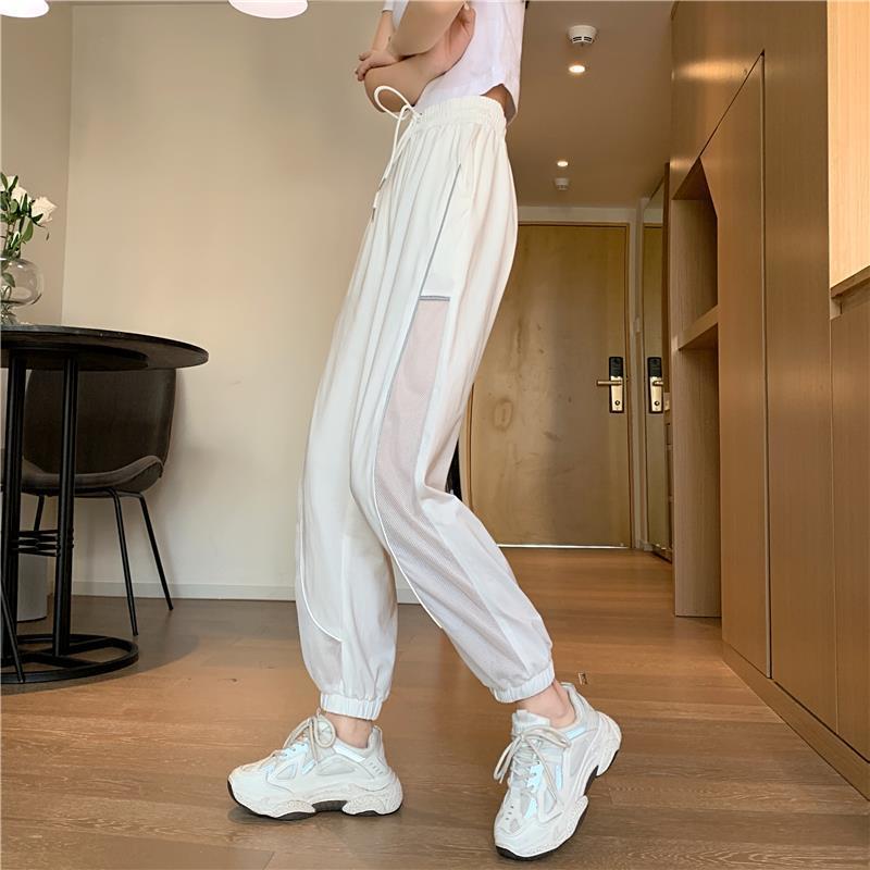 Reflective Strip Stitching Mesh Pants Summer Korean Thin Section High Waist Casual Pants Women's Sports Pants