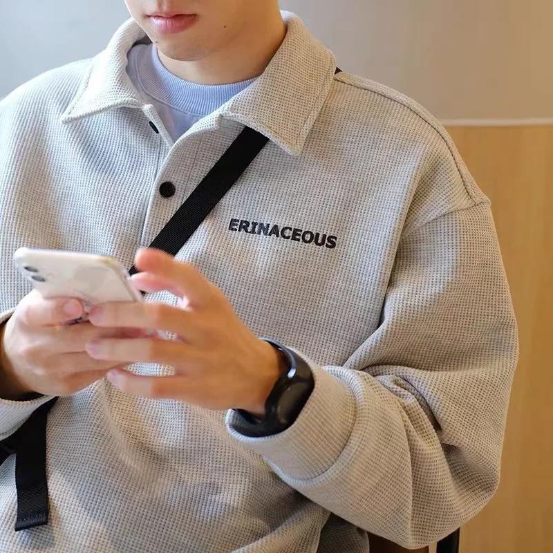 Male Lapel Sweater Loose POLO Wild Trend Spring  Handsome Waff INS Comfortable and Warm Breathable Cotton Hoodie