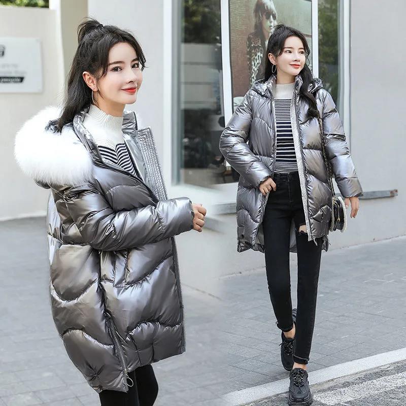 Down Cotton Jacket Winter Loose Korean Color Shiny Face-free Collar Mid-length Cotton Jacket Women