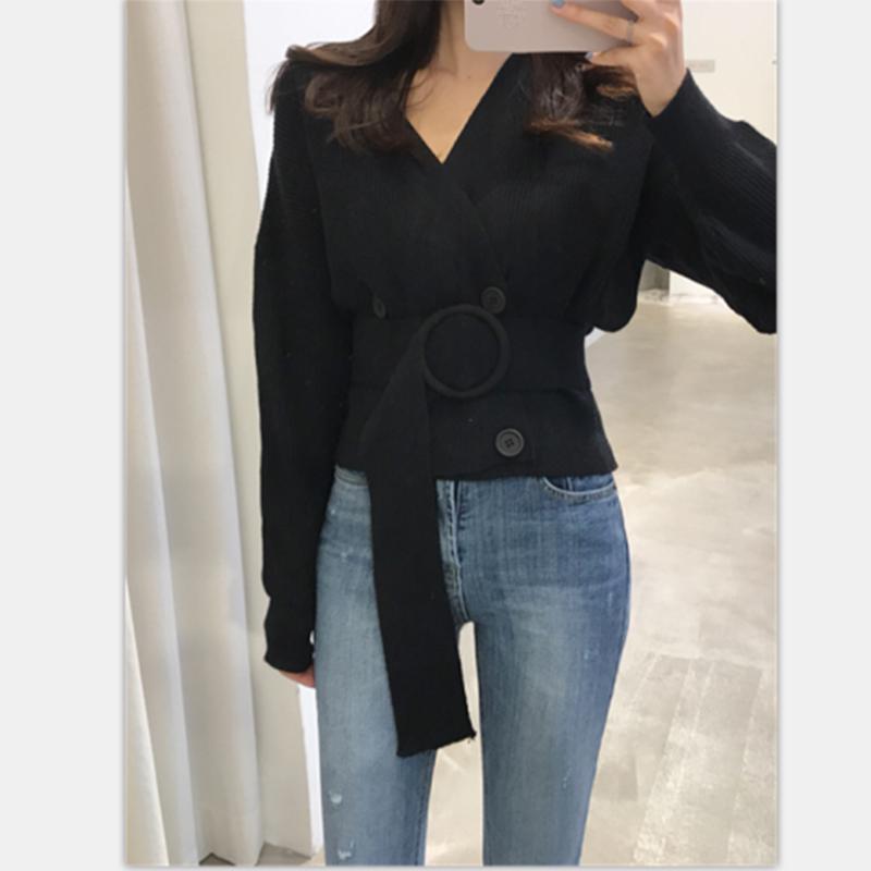 Vintage V-neck Slim Cardigan Sweater Women's Short Loose Knit Sweater Short Cardigan Coat with Belt
