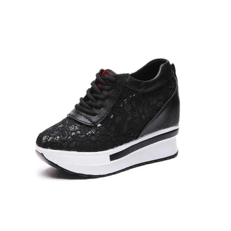 Women Summer Mesh Lace Shoes Thick Soled Wedge Slip-On Sneakers Female Large Size Hollow Out Casual Breathable Shoes