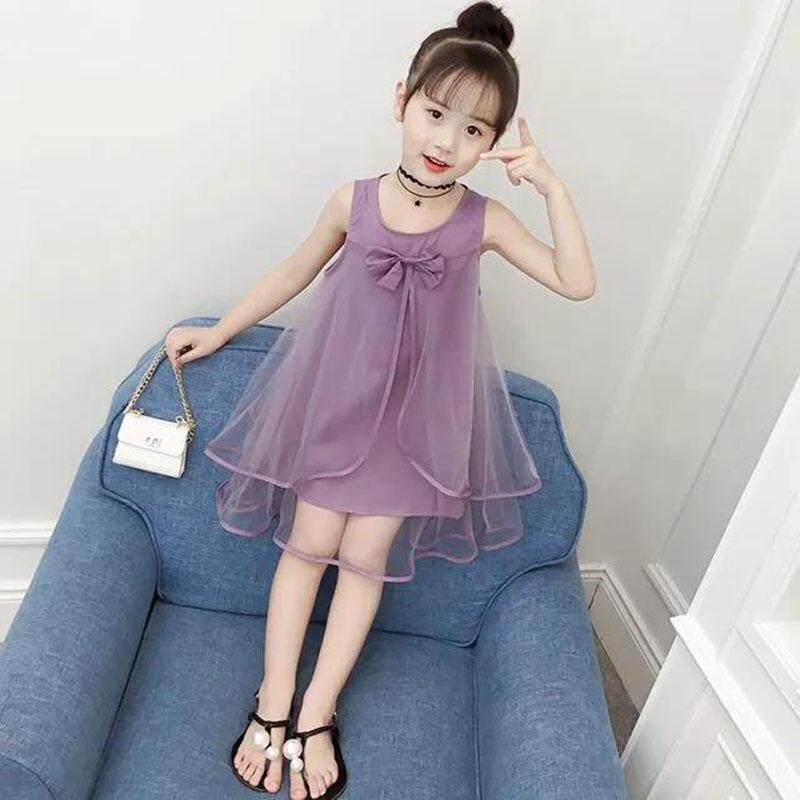 Children's Clothing Girls Summer Clothing Solid Color Sweet Mesh Dress Sleeveless Children's Vest Skirt Girl Princess Dress