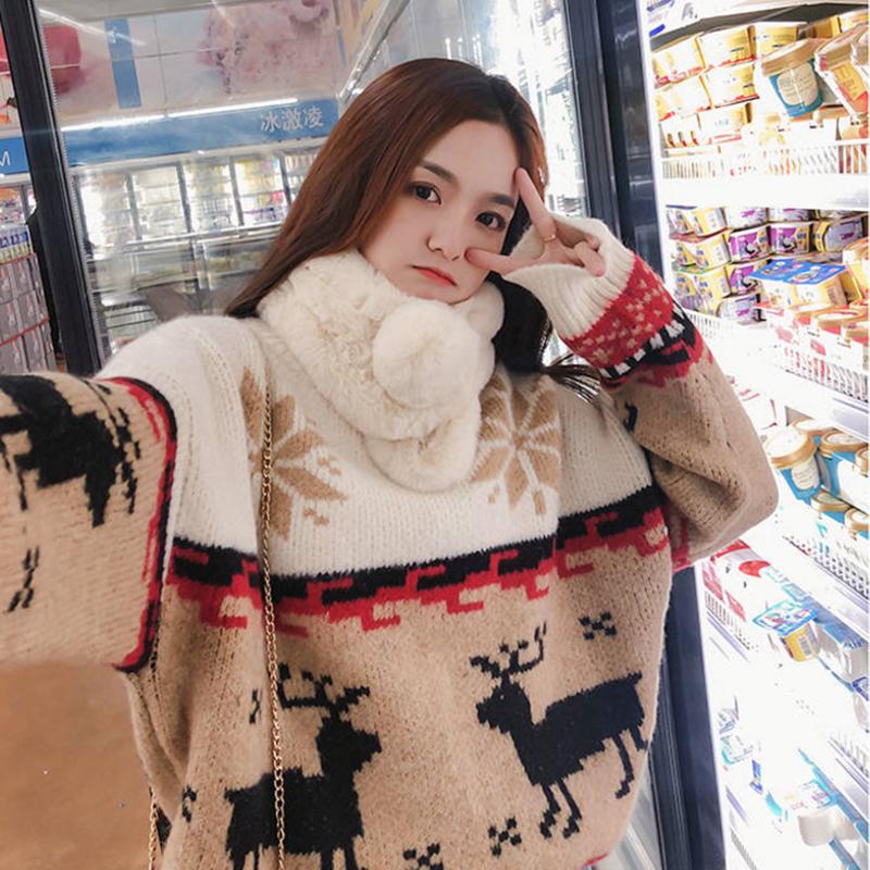 Pofulove Christmas Turtleneck Sweater Women Winter Loose Elk Thickened Pullover Lazy Wind Tide