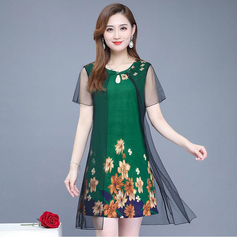 XL-XXXXXL Middle-aged Women Summer Printed Plus Size Skirt Mother's Dress Mid-length Imitation Silk Chiffon Yarn