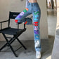 European and American Street Color Printing Straight Jeans Women's High Waist Slim Fit and Thin Personality Casual All-match Casual Pants Women