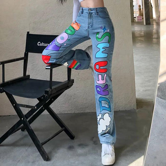 European and American Street Color Printing Straight Jeans Women's High Waist Slim Fit and Thin Personality Casual All-match Casual Pants Women