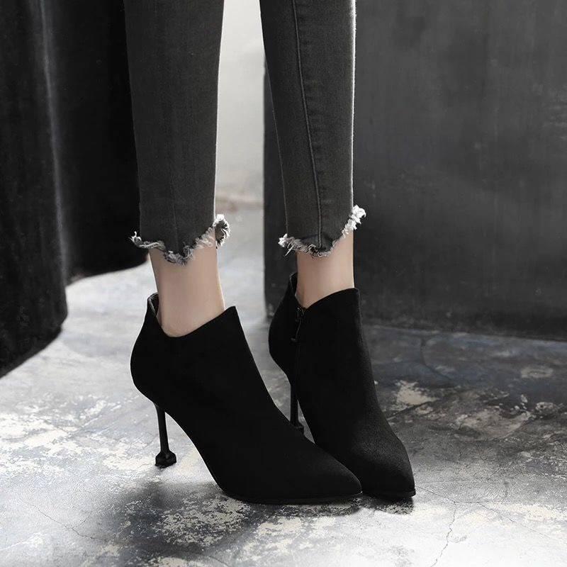 Ladies Footwear 9CM High Heel Hoof Heels Pointed Toe Autumn Ankle Boots Winter Short Martin Boots