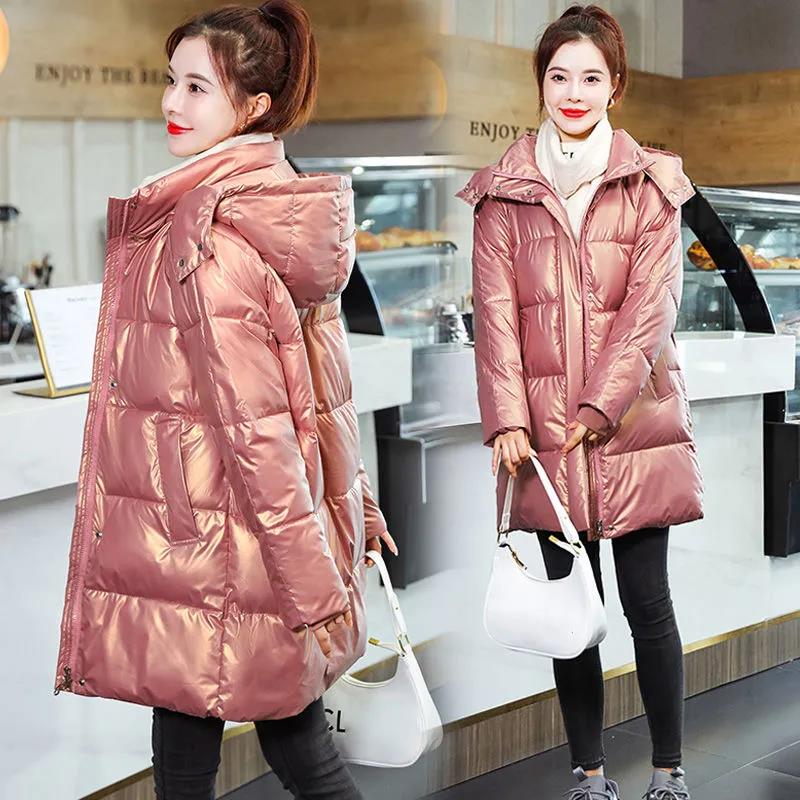 Down Cotton Jacket Winter Thicken Warm Loose Fashion Color Glossy Disposable Stand Collar Mid-length Cotton Jacket Women
