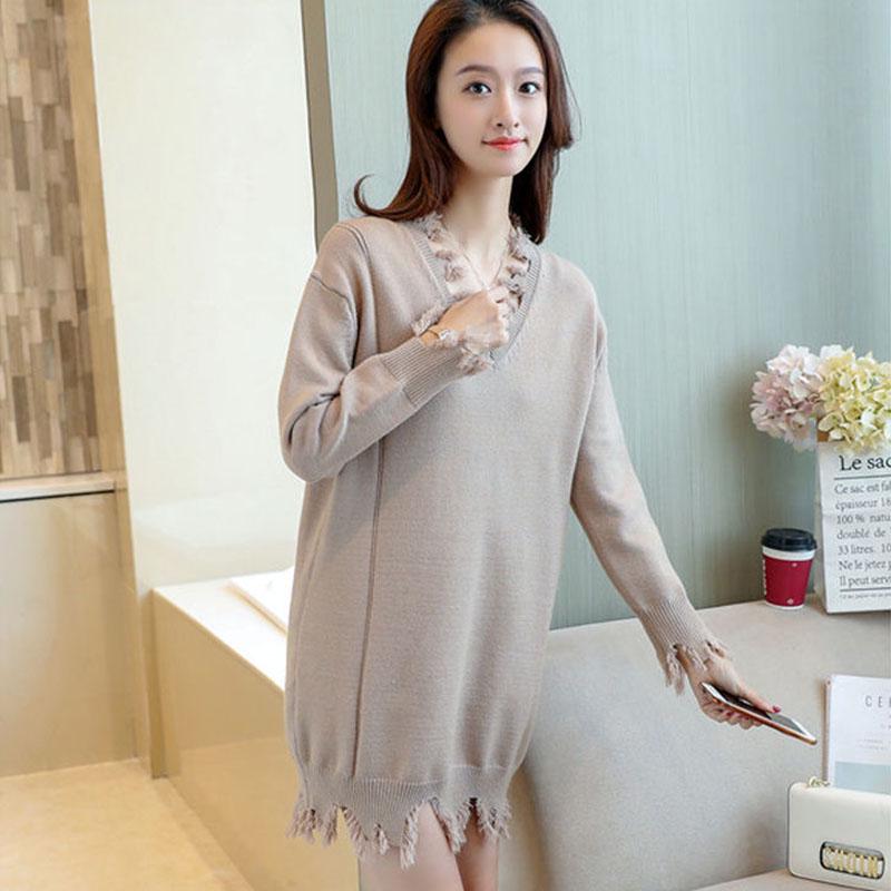 Autumn  Winter Women's Mid-length Sweater Ripped Tassel Sweater Casual Loose Knit Sweater Dress Outer Wear