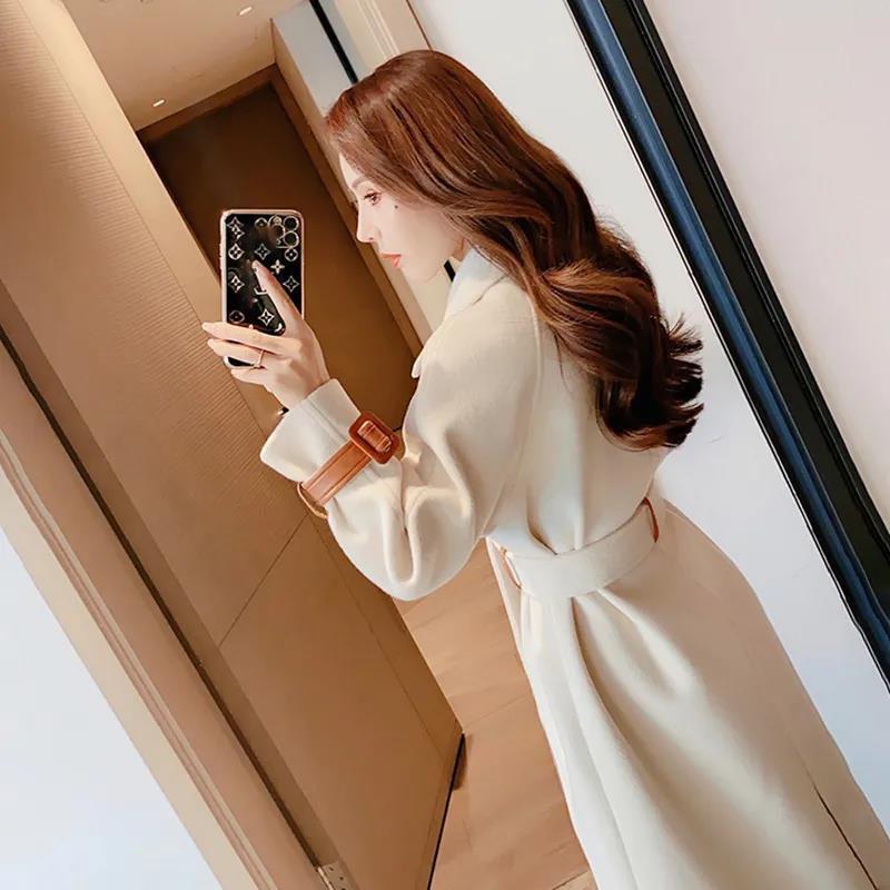 High-end Custom Woolen Coat Women's Autumn and Winter Long Large Lapel Design Sense of Color Matching Thick Woolen Coat