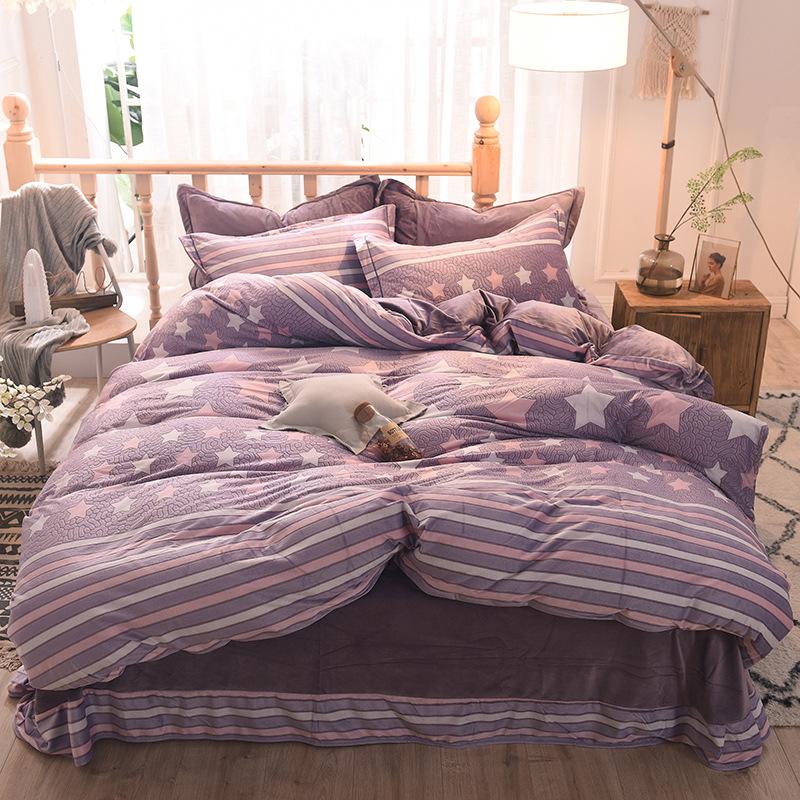 5D Carved Velvet Four-piece Crystal Velvet Warm Quilt Cover Sheets Thick Warm Velvet 4Pcs Set