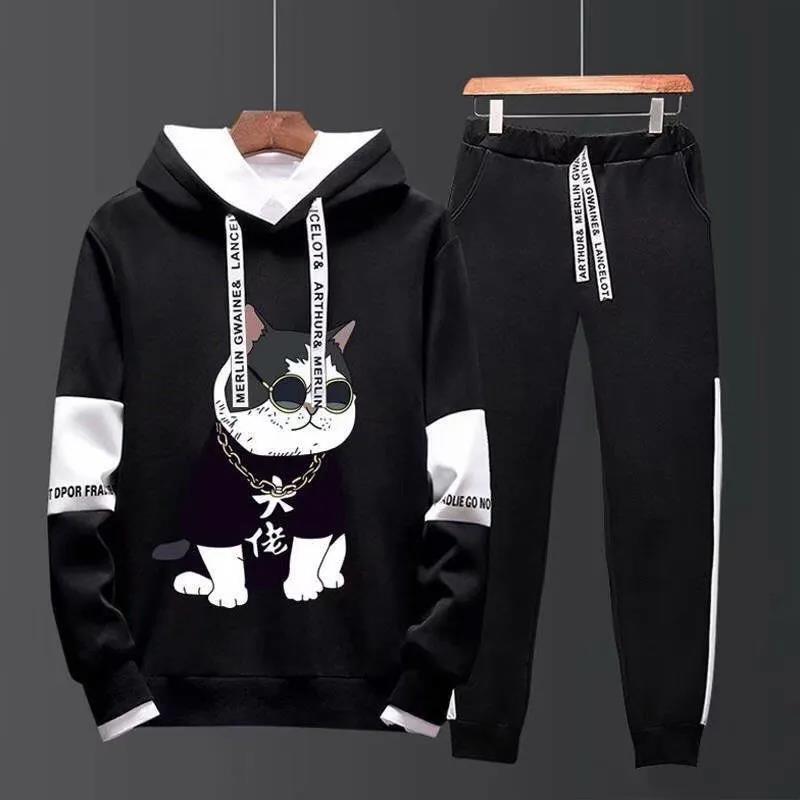 Spring Cartoon Sweater Suit Gangster Cat Teen Student Sports Suit Casual Hooded Pullover and Pants Men
