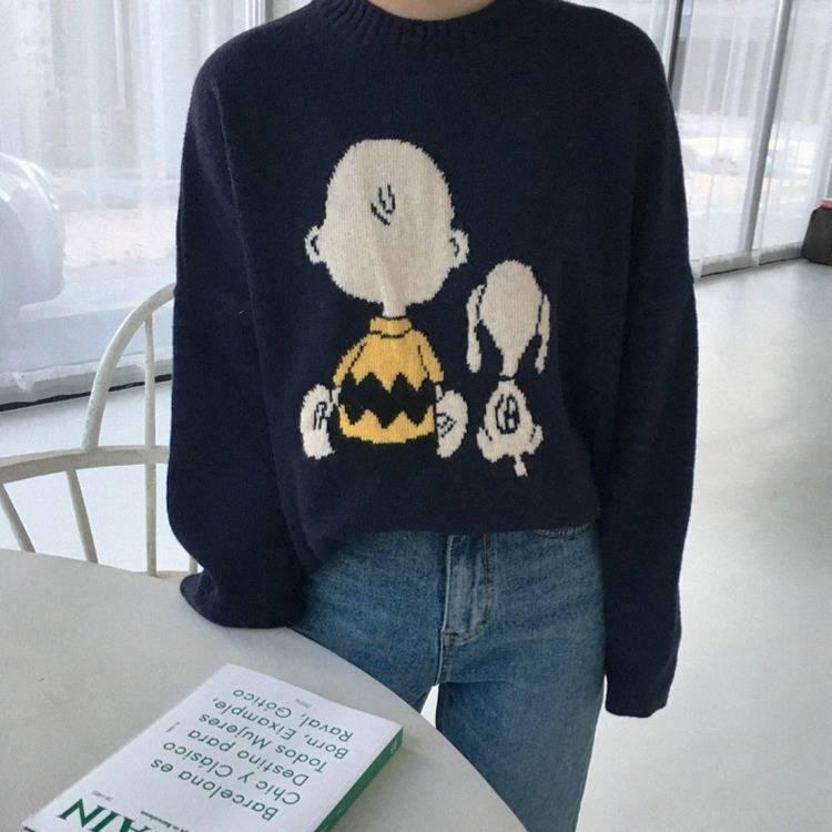 Pofulove Autumn Winter Cloth Sweater Female Students Loose Wild Bottoming Sweaters Jacket Coat