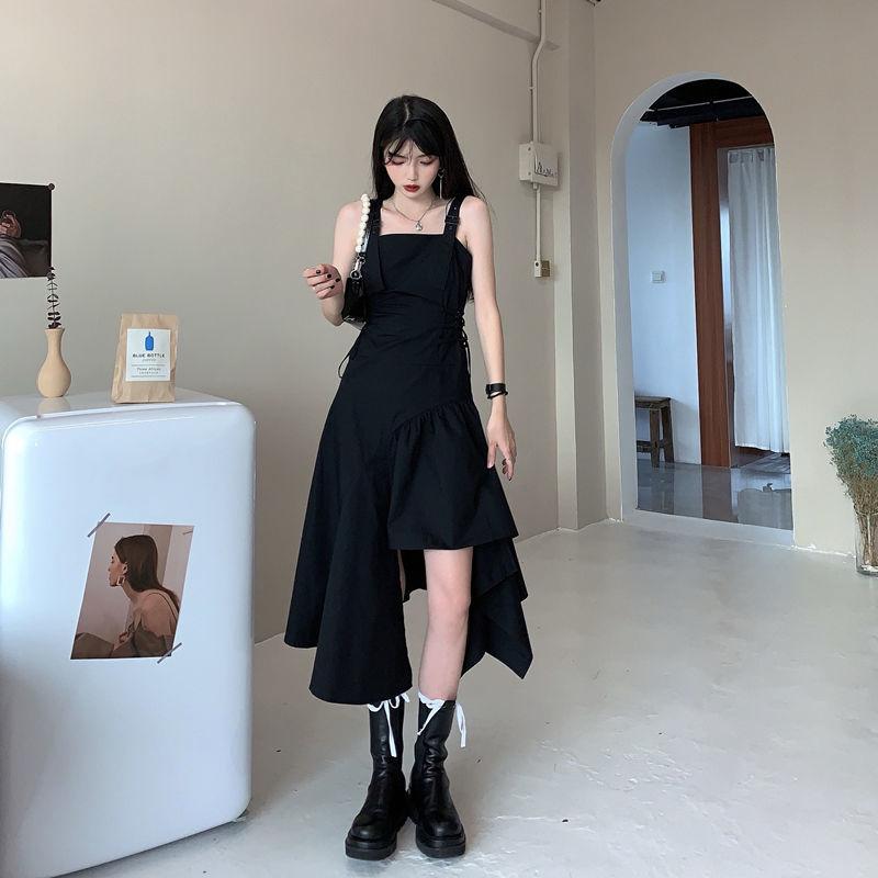 Spring Summer Korean Retro Sexy Sleeveless Sling Dress Black Irregular Dress Female Split Long Skirt