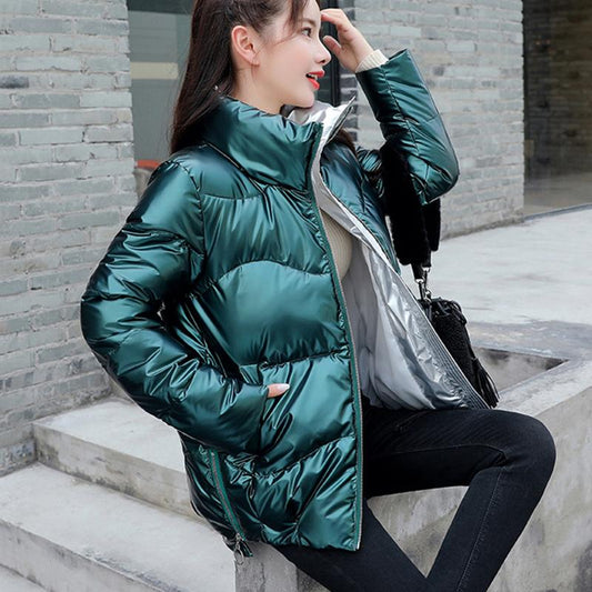 Fashion Women Winter Jackets Stand Collar Thicken Warm Down Coats Silver Bling Parkas 2021 New Lady Warm Jackets and Coat