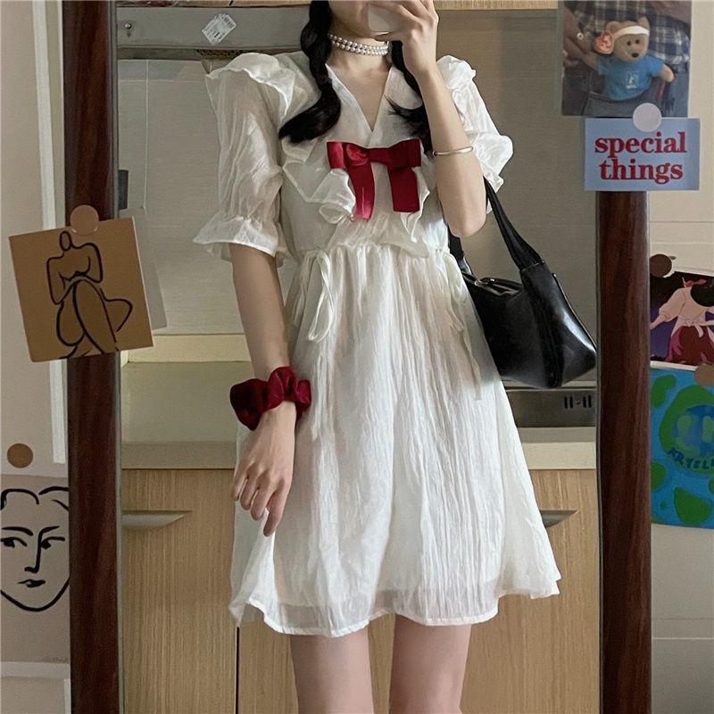 Women's Summer Dress Short Sleeve Sweet and Cute Bow Dress Summer Student White Chiffon Skirt Daily Wear Office Dating Party