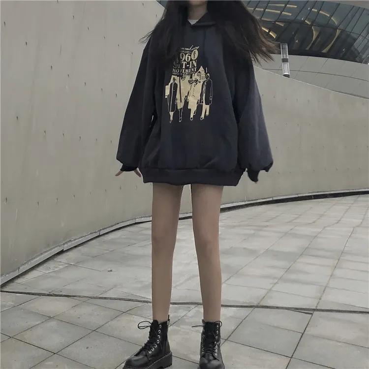 Women's Mid-Length Sweater Girl's Retro Thin Velvet Lazy Style Hooded Jacket Autumn and Winter Pullover Sweatshirts Casual Top