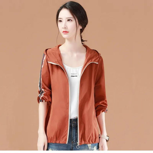 Women's Hooded Baseball Jacket Spring Casual Jacket Loose Top Solid Color Zipper Anti-wrinkle Jacket