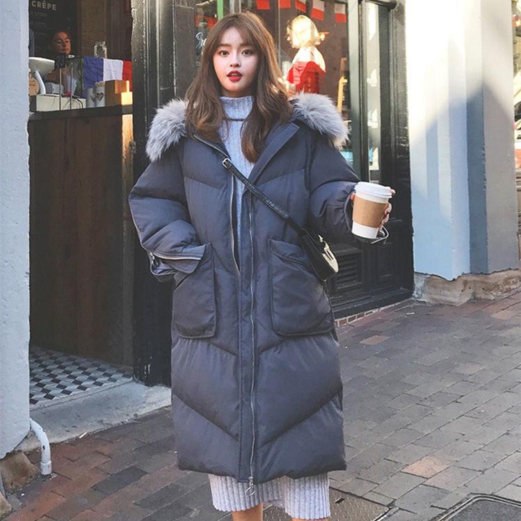Women's Mid-length Cotton-padded Jacket Winter Fluffy Fur Collar Hooded Loose Down Cotton-padded Jacket Over-the-knee Padded Warm Jacket