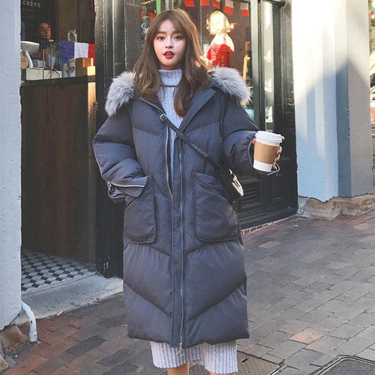 Women's Mid-length Cotton-padded Jacket Winter Fluffy Fur Collar Hooded Loose Down Cotton-padded Jacket Over-the-knee Padded Warm Jacket