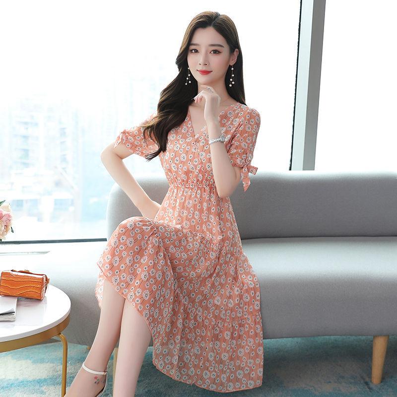 French Temperament Printed Dress Female Summer V-neck Slim Mid-length Dress Puff Sleeve A-line Skirt