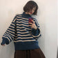 Striped knit jacket coat Thick color-matching turtleneck female student lazy wind loose pullover