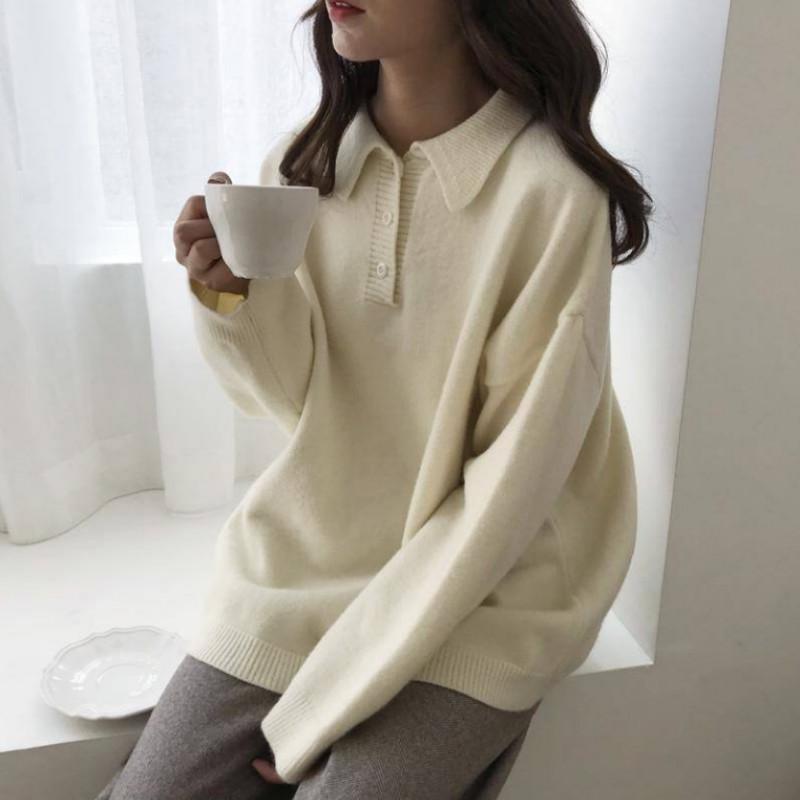 Pofulove mid-length Korean version of the lazy wind sweater loose solid color stand collar sweater jacket female students