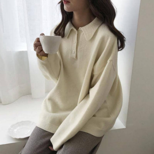 Pofulove mid-length Korean version of the lazy wind sweater loose solid color stand collar sweater jacket female students