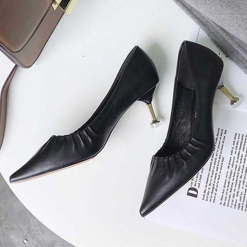 High Heels Women European Stiletto Mid-heel Pointed Toe Fashion High Heels Working Leather Shoes Women