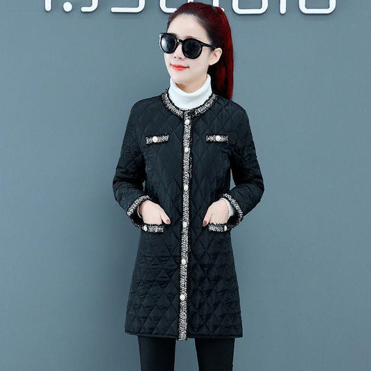 Women's Mid-length Loose Winter Cotton-padded Jacket Woven Diamond Grid Lightweight Down Thick Coat