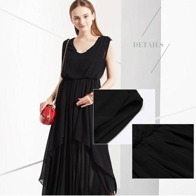 Pofulove Summer Chiffon Dress Sleeveless V-neck Irregular Pleated Ruffled Dress Long party Dress