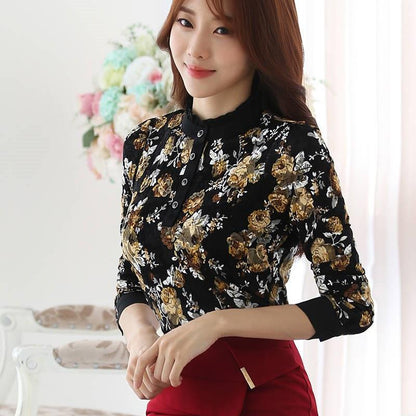 Plus Velvet Thick Lace Shirt Printing Women's Tops Are Fashionable and Slim, All-match Long-sleeved Bottoming Shirt