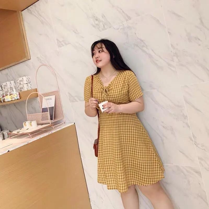 Plaid Dress Women's Cotton linen Summer Short Sleeve V-Neck Knee-length Dress Daily Wear Office Party