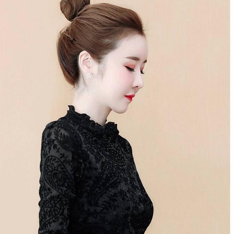 Pofulove Plus Women's Long Sleeve Mesh In Winter Fashion Velvet Half Turtleneck Bottoming Shirt