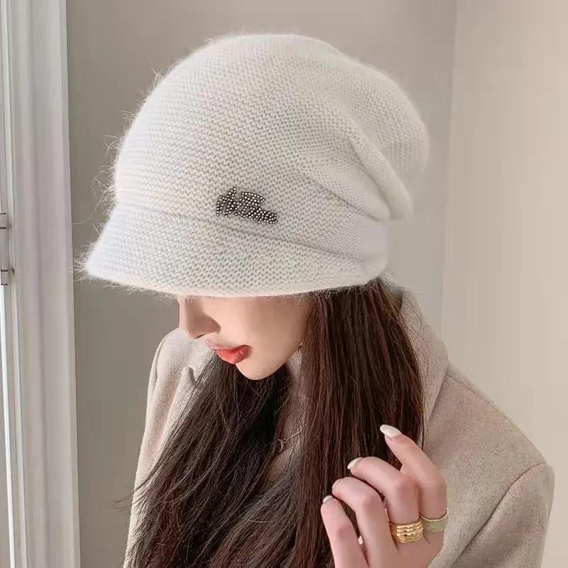 Women's Autumn Winter All-match Korean Version Warm Pile Hat Knitted Woolen Hat Solid Knitting Hat with Brim Rabbit Hair Blend Rhinestone Hat