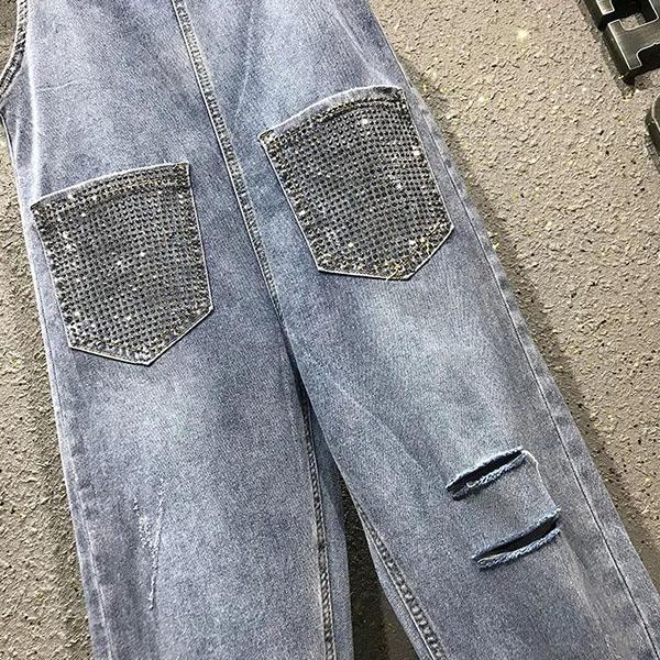 Women's Large Size Rhinestone Denim Overalls Solid Color Cropped Pants Spring and Summer Loose Ripped Harem Wide-leg Jumpsuit