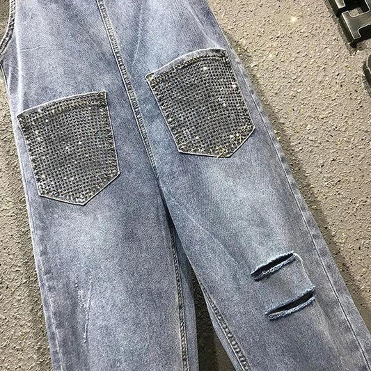 Women's Large Size Rhinestone Denim Overalls Solid Color Cropped Pants Spring and Summer Loose Ripped Harem Wide-leg Jumpsuit
