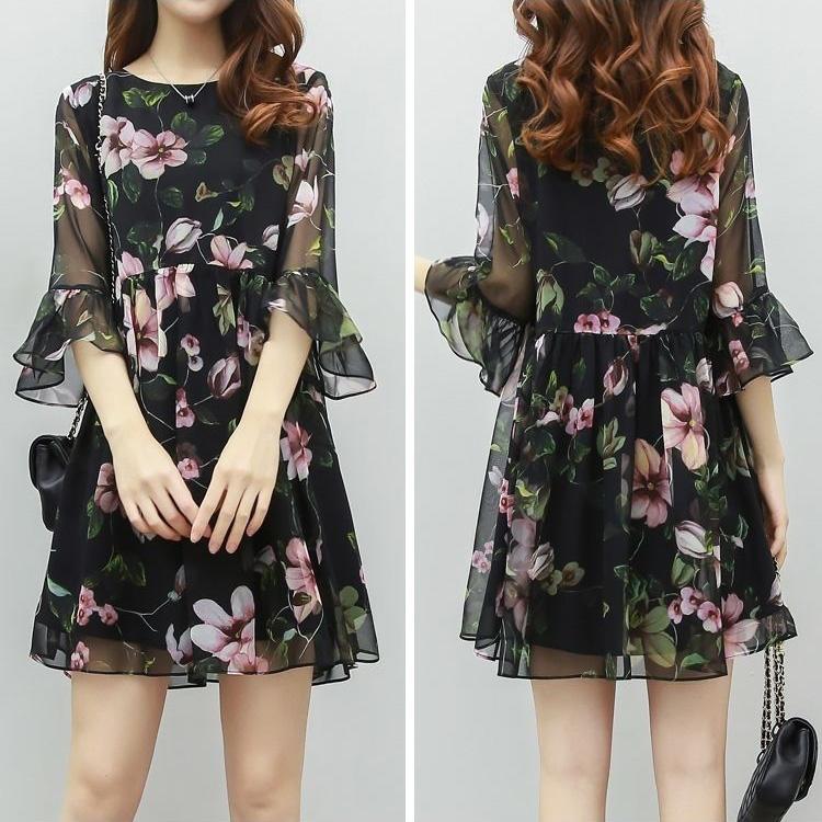 S-XXXXXL Chiffon Dress Loose Large Size Round Neck Flared Short Sleeve Summer Middle-aged Women's Dress