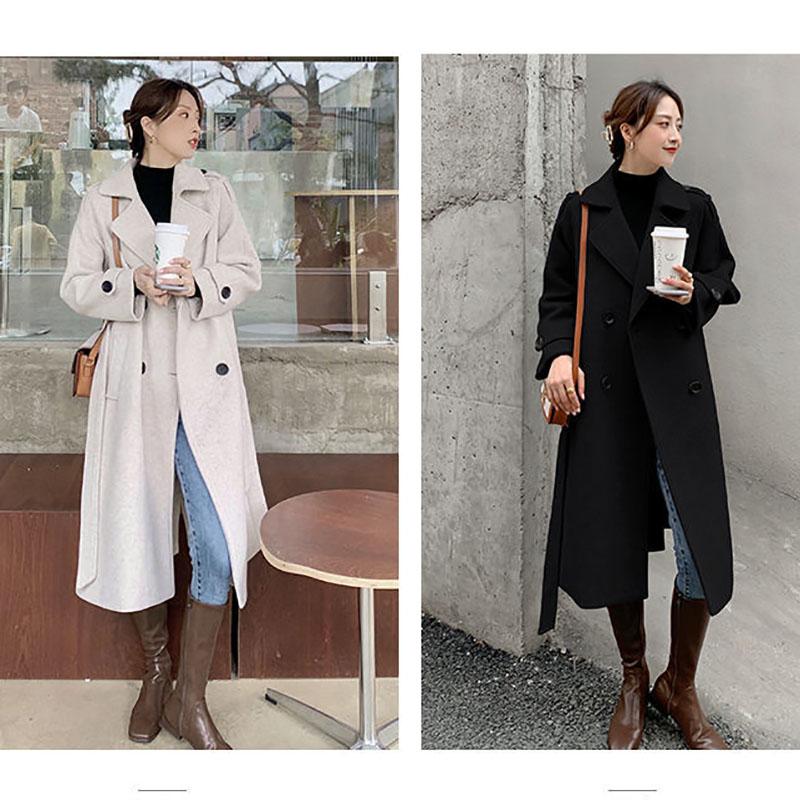 Fashion Women's Mid-length Woolen Coat Knee-length Waist Hepburn Style Thick Woolen Coat