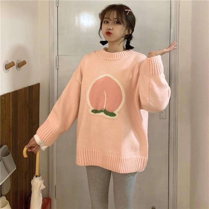 Autumn Winter Small Fresh Interesting Fruit Jacquard Short Outer Wear Sweater Cartoon Sweater Loose Thick Long Sleeved Pullover Sweater