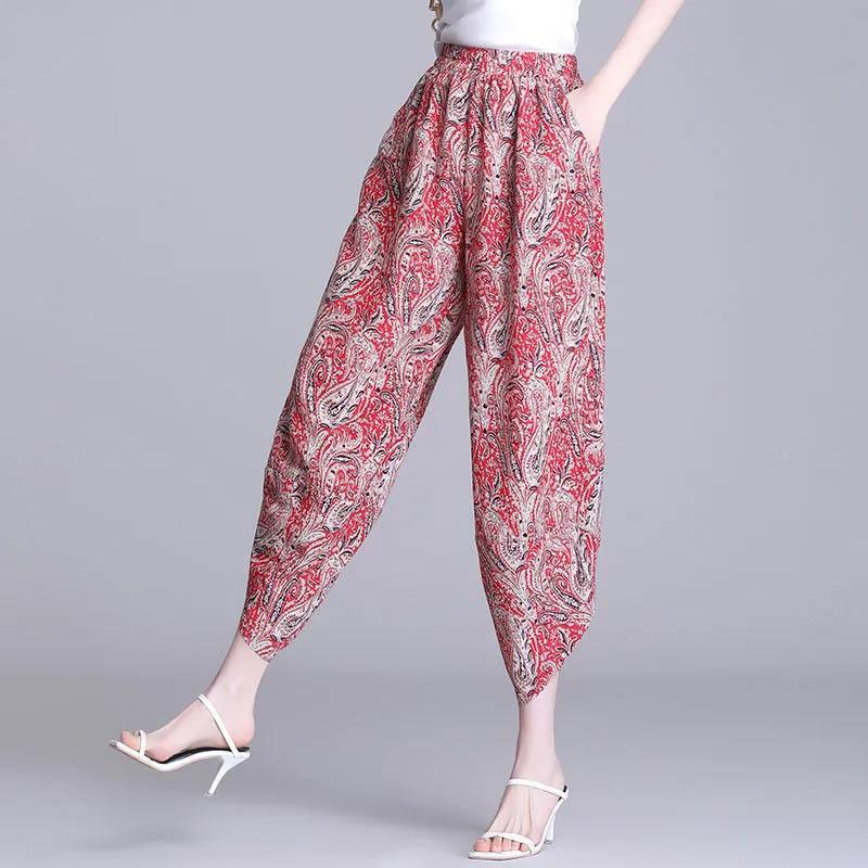 Nine Points Casual Pants Summer Loose Drape Harem Pants Printed Chiffon Wide-leg Pants Women's Pants Thin Bloomers