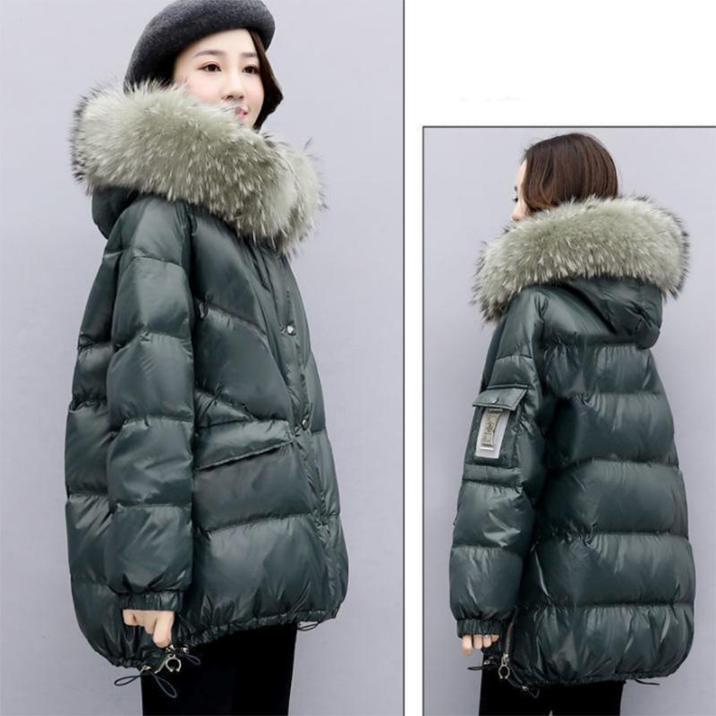 Women's Shiny Down Padded Jacket Mid-length Korean Style Loose Padded Jacket Warm Cotton Coat Big Fur Collar Winter Clothes
