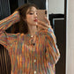 Bohemian Rainbow Colorful Cardigan Sweater Coat Short Top Women Loose Knit Sweater Outer Wear